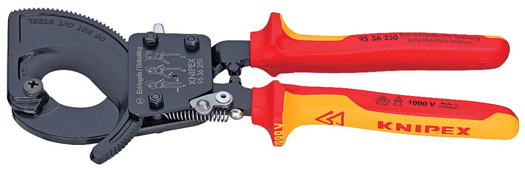 Szigetelt kábelvágó olló, racsnis 250 mm, d=32/240 mm2 1000V, kétkomponensű nyél termék fő termékképe
