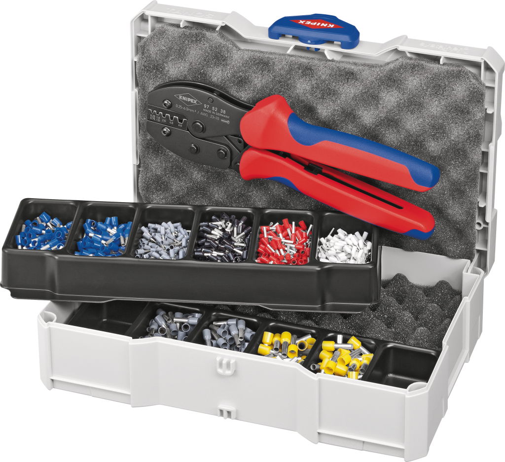 Krimpelő készlet 9752 38-as fogóval 0,25-6,0 mm2 érvéghüvelyhez 200-200 db érvéghüvely 0,5/0,75/1/1,5/2,5 mm2 100-100 db érvéghüvely 4/6 mm2 termék fő termékképe