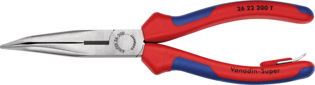 Félkerekcsőrű fogó hajlított, polír.fej, kétk.nyél 200 mm 40°-os, vágóéllel, eesés ellen biztosítható termék fő termékképe