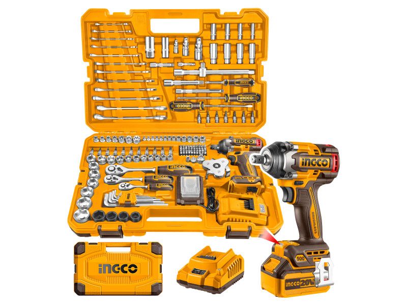 INGCO Akkus ütvecsavarozó 500 Nm szénk. nélk. 20 V (1 x 4,0 Ah akku + töltő) + 149 r. szersz. klt termék fő termékképe